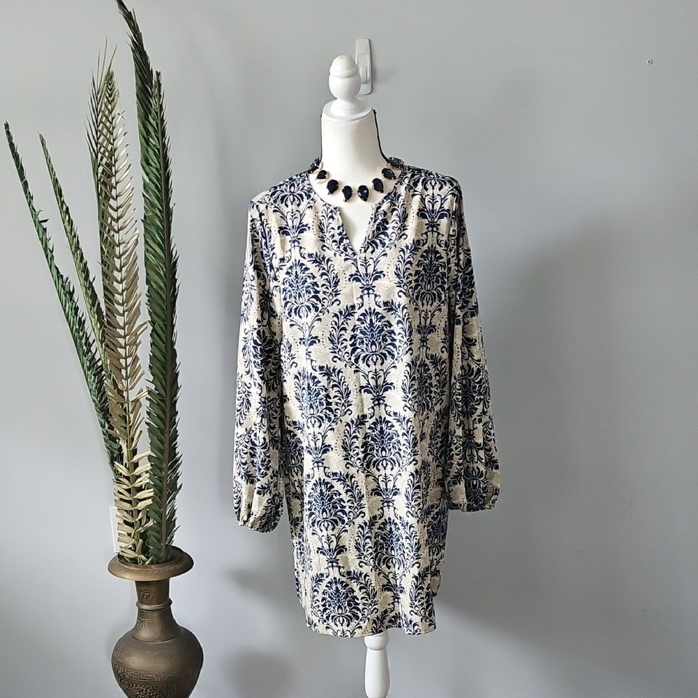 SHEIN Tan and Navy Blue Print Dress